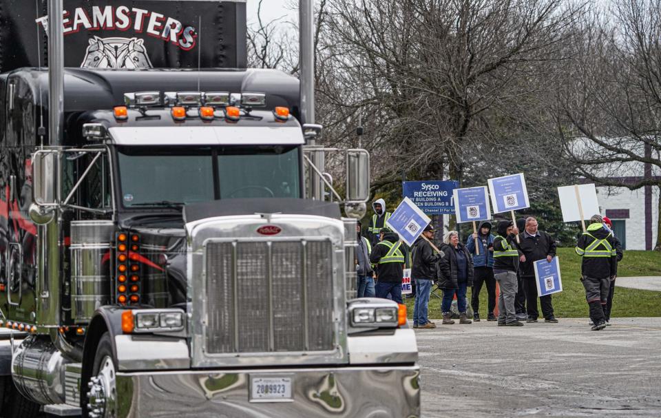 Union members, including warehouse workers and truckers, picketed after they failed to reach an agreement with Sysco in Indianapolis over insurance and other benefits during contract negotiations on Monday, March 27, 2023. 