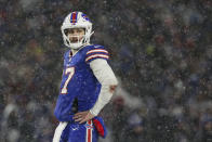 Buffalo Bills quarterback Josh Allen (17) reacts after a play against the Cincinnati Bengals during the fourth quarter of an NFL division round football game, Sunday, Jan. 22, 2023, in Orchard Park, N.Y. (AP Photo/Joshua Bessex)