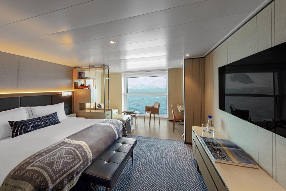 Staterooms on the Viking Octantis reflect the cruise line's Nordic heritage, with simple, elegant lines and neutral earth tones, plus a traditional Norwegian Marius-weave blanket. The Nordic Jr. Suite also features a Nordic balcony.