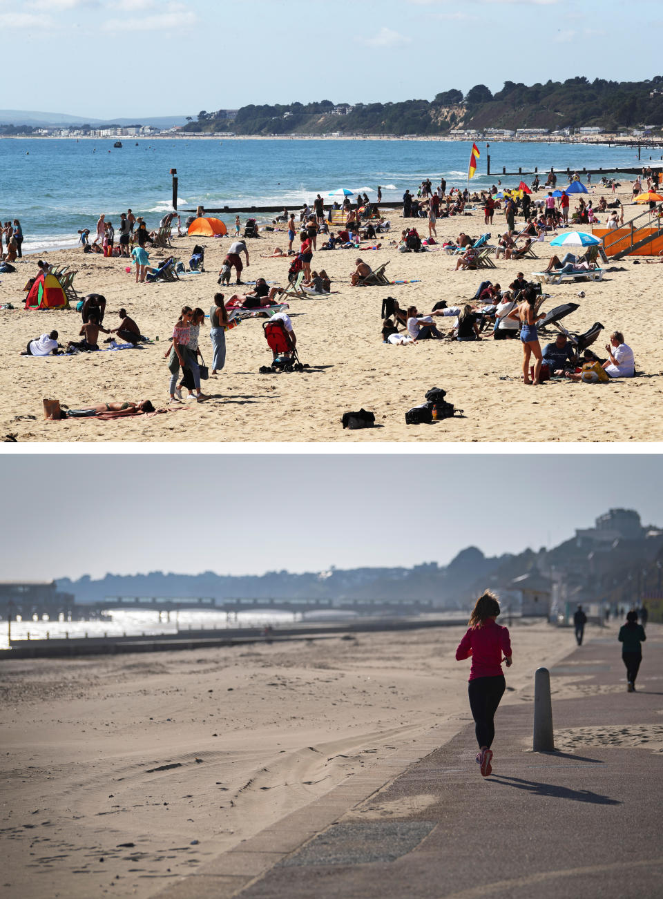 Composite photos of Bournemouth beach on 14/09/19 (top), and on Monday 23/03/20 (bottom), the day Prime Minister Boris Johnson put the UK in lockdown to help curb the spread of the coronavirus.