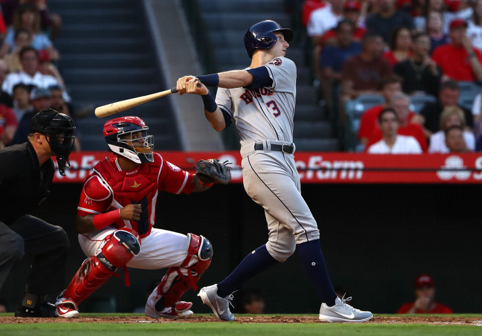 ANAHEIM, CA - JULY 20:  Kyle Tucker #3 of the Houston Astros bats in the second inning during the MLB game against the Los Angeles Angels of Anaheim at Angel Stadium on July 20, 2018 in Anaheim, California. The Astros defeated the Angels 3-1.  (Photo by Victor Decolongon/Getty Images)