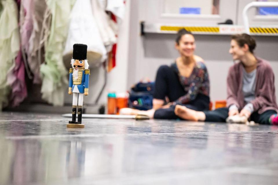 A toy nutcracker sits ready for Sacramento Ballet dancers to rehearse with as the “Nutcracker” company and youth cast meet to practice together Tuesday, Nov. 29, 2022, at their midtown Sacramento studios.