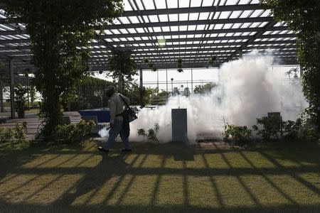 A health worker carries out fumigation as part of preventive measures against the Zika virus and other mosquito-borne diseases at a local park on the seafront in Panama City February 2, 2016. REUTERS/Carlos Jasso