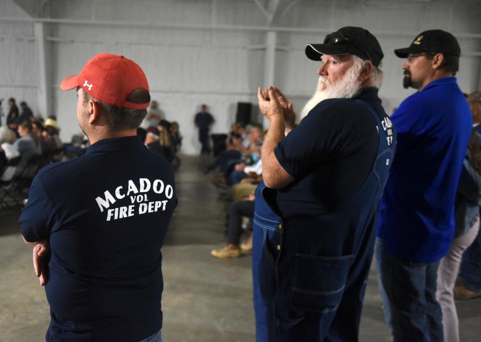 McAdoo volunteer fire department members attend the Argo Blockchain flagship opening, Thursday, May 5, 2022, in Dickens County. The bitcoin site uses windmill energy from McAdoo. 