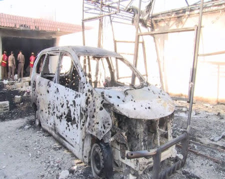 A damaged vehicle is seen following a raid by Saudi security forces on an Islamic State cell in Riyadh, Saudi Arabia, in this handout photo released by Saudi Press Agency on October 5, 2017. Saudi Press Agency/Handout via REUTERS ATTENTION EDITORS - THIS IMAGE HAS BEEN SUPPLIED BY A THIRD PARTY. IT IS DISTRIBUTED, EXACTLY AS RECEIVED BY REUTERS. NO RESALES. NO ARCHIVE.