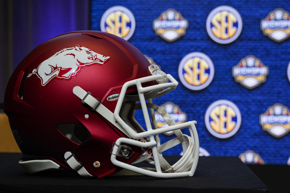 Jul 20, 2022; Atlanta, GA; The Arkansas helmet shown before on the stage during SEC Media Days at the College Football Hall of Fame. Dale Zanine-USA TODAY Sports