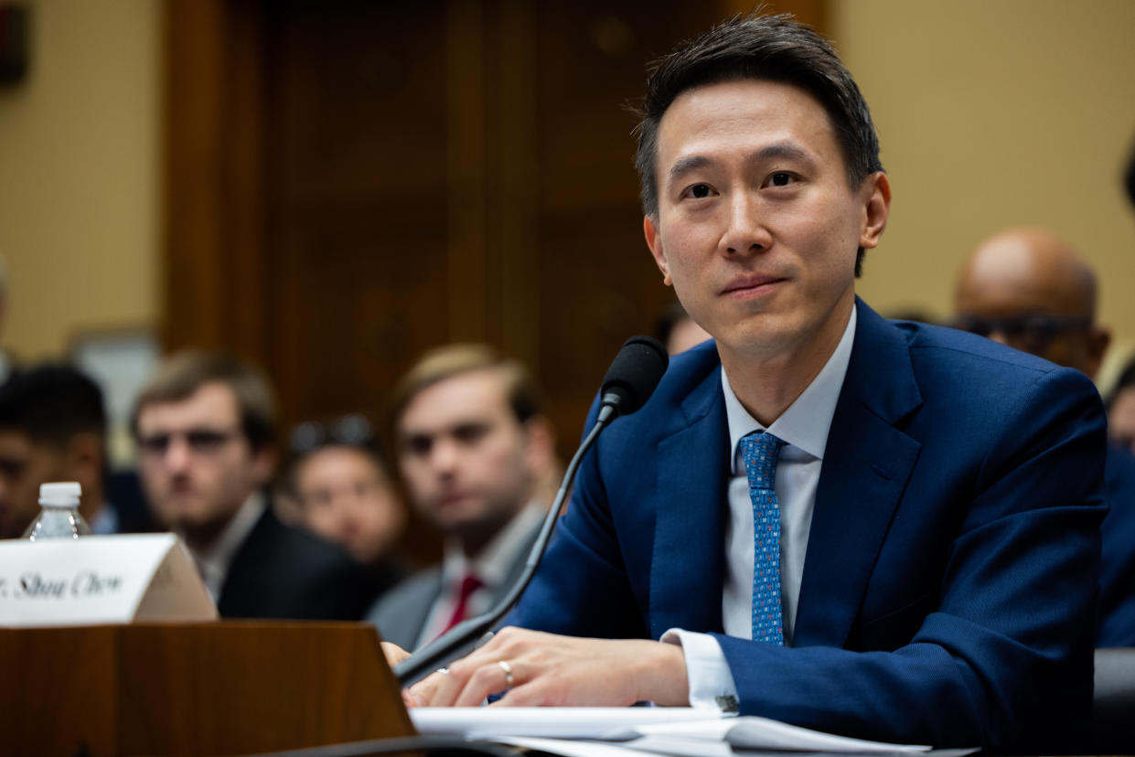 WASHINGTON DC, UNITED STATES - MARCH 23: TikTok CEO Shou Zi Chew listens to questions from U.S. representatives during his testimony at a Congressional hearing on TikTok in Washington, DC on March 23rd, 2023. (Photo by Nathan Posner/Anadolu Agency via Getty Images)