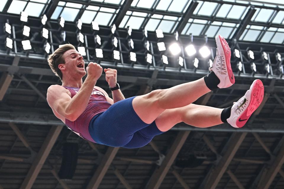 <p>USA's Christopher Nilsen react while competing in the men's pole vault qualification during the Tokyo 2020 Olympic Games at the Olympic Stadium in Tokyo on July 31, 2021. (Photo by Ben STANSALL / AFP) (Photo by BEN STANSALL/AFP via Getty Images)</p> 