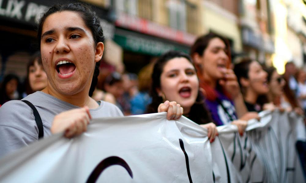 Demonstrators in Madrid protesting after five men were sentenced for gang raping a woman at Pamplona’s bull-running festival.