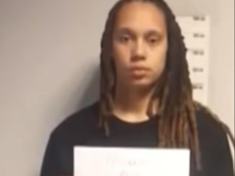 WNBA star Brittney Griner appearing in a photo released by Russian officials following her detainment in Moscow. Ms Griner is accused by Russian law enforcement of trying to transport drugs. (screengrab)