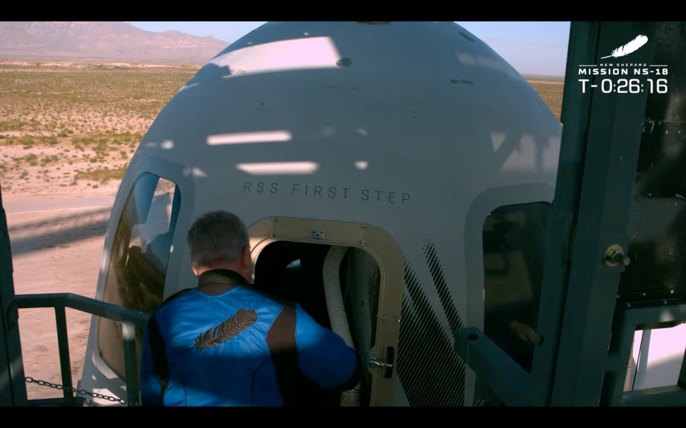 William Shatner enters spacecraft prior to launch of Blue Origin’s New Shepard. - Credit: Blue Origin