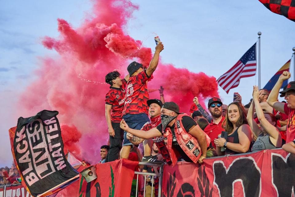 May 15, 2022; Chandler, AZ, USA; Phoenix Rising fans react and heckle the Tampa Rowdies after Phoenix Rising scored a goal at Phoenix Rising FC Stadium.