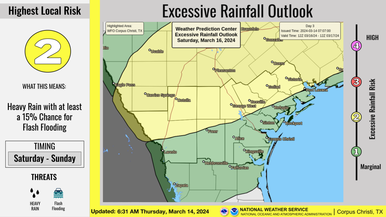 The National Weather Service predicts up to two inches of rain this weekend, with the most severe weather well inland from Corpus Christi.