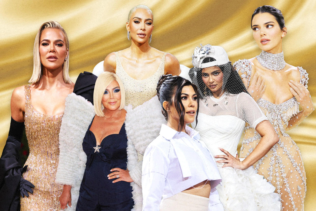 A collage of members of the Khloe, Kris, Kim and Kourtney Kardashian and Kylie and Kendall Jenner as different years of the met gala in New York