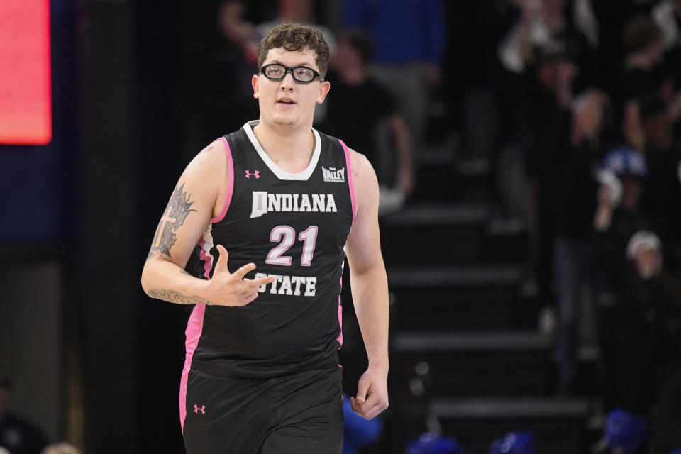 TERRE HAUTE, IN - FEBRUARY 03: Indiana State Sycamores Center Robbie Avila (21) reacts during the college basketball game between the Drake Bulldogs and the Indiana State Sycamores on February 3, 2024, at the Hulman Center in Terre Haute, Indiana. (Photo by Michael Allio/Icon Sportswire via Getty Images)