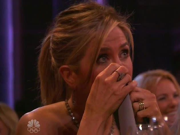 Jennifer Aniston could be seen shedding tears as other actor's paid tribute to Jim Burrows. Photo: NBC