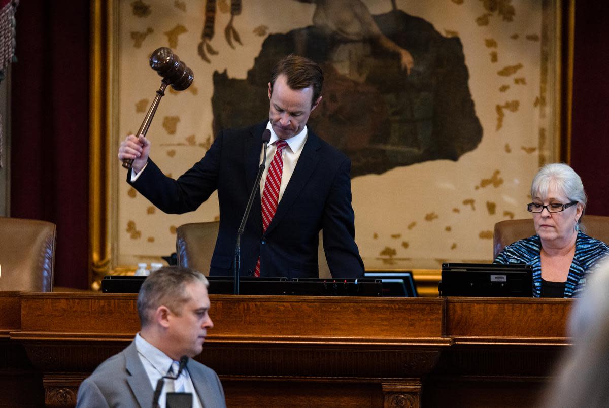 Speaker of the House Dade Phelan gavels the House into session on the first day of the second special session at the state Capitol in Austin on June 28, 2023.