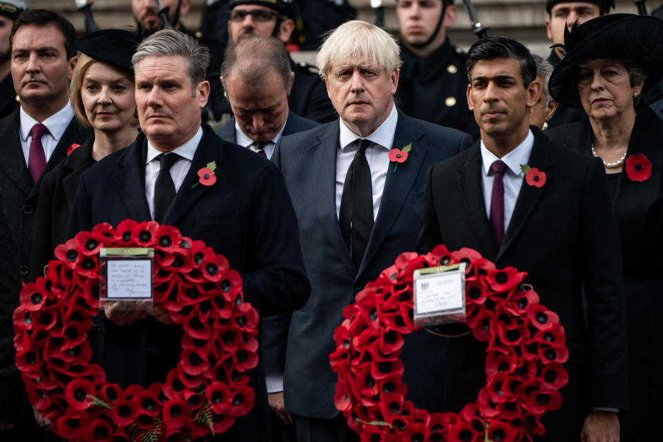 Former prime minister Liz Truss, Labour leader Keir Starmer, former prime minister Boris Johnson, Prime Minister Rishi Sunak and former prime minister Theresa May during the Remembrance Sunday service at the Cenotaph in London. Picture date: Sunday November 13, 2022.