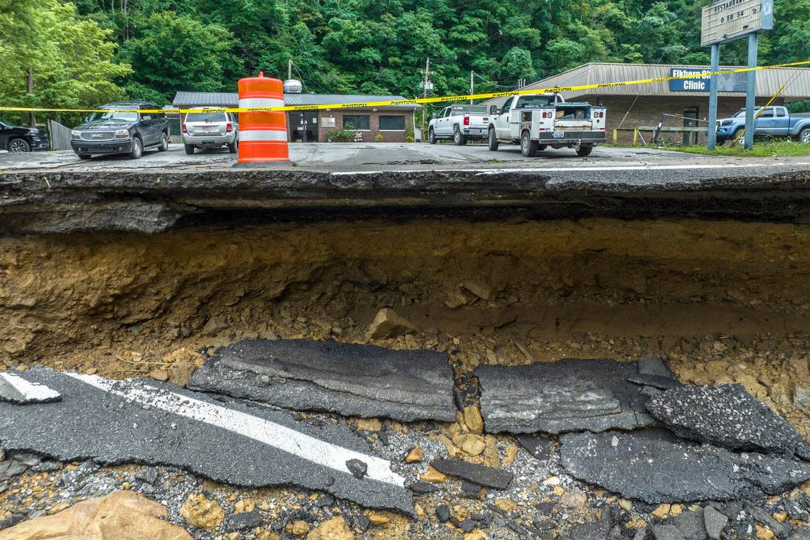 A section of KY-197 in Elkhorn City, Ky., washed out when the Russell Fork flooded. A pipe supplying water to a nursing home was also washed away.