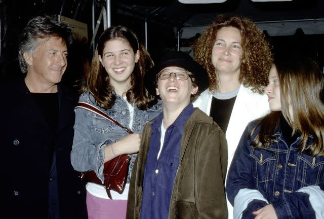 <p>Ron Galella/Ron Galella Collection via Getty </p> Dustin Hoffman and wife Lisa with three of their kids in New York City