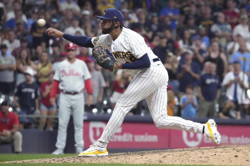 Milwaukee Brewers relief pitcher Devin Williams throws during the ninth inning of the team's baseball game against the Philadelphia Phillies on Saturday, Sept. 2, 2023, in Milwaukee. (AP Photo/Kayla Wolf)
