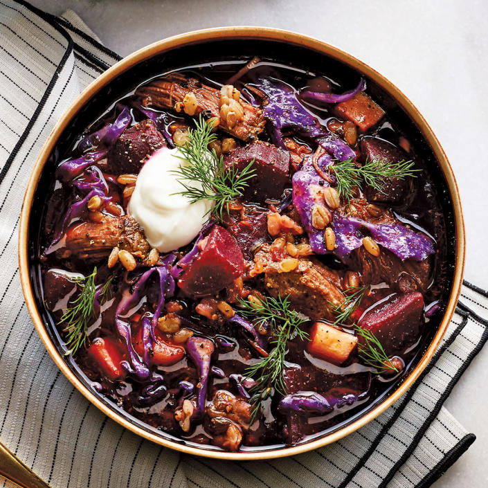<p>Borscht is an Eastern European soup that typically features beets as a prominent ingredient, thus the resulting dish has a purple-red color. Our slow-cooker rendition is literally beefed up with brisket and showcases whole-grain rye berries, a source of fiber. <a href="https://www.eatingwell.com/recipe/276942/slow-cooker-borscht/" rel="nofollow noopener" target="_blank" data-ylk="slk:View Recipe" class="link rapid-noclick-resp">View Recipe</a></p>