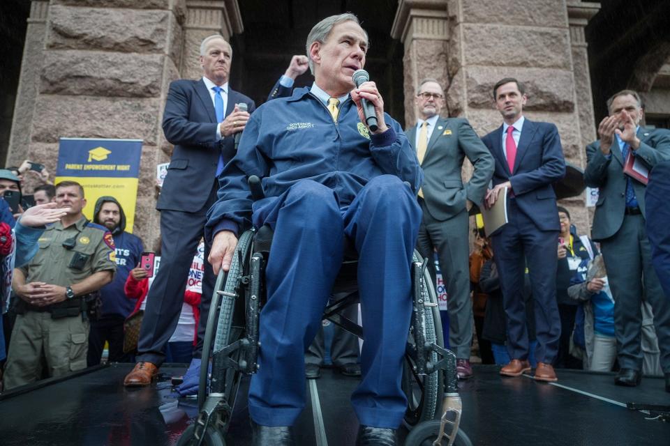 Gov. Greg Abbott, shown here at a rally on the steps of the State Capitol on March 21, is asking faith leaders to advocate for a statewide school voucher system.
(Credit: Ricardo Brazziell/American-Statesman/File)