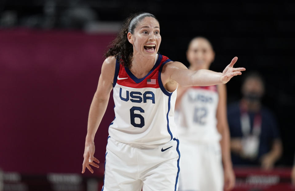 United States' Sue Bird (6) reacts during women's basketball preliminary round game against Japan at the 2020 Summer Olympics, Friday, July 30, 2021, in Saitama, Japan. (AP Photo/Charlie Neibergall)