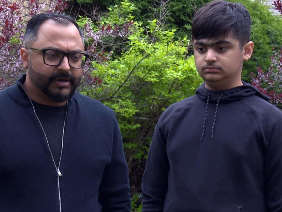 Ammaar Kashif, 12, right, was asked by his father,  Kashif Inayat, to roll up a car's window during a wedding celebration on May 9. Things went down hill from there, they say. (CBC - image credit)