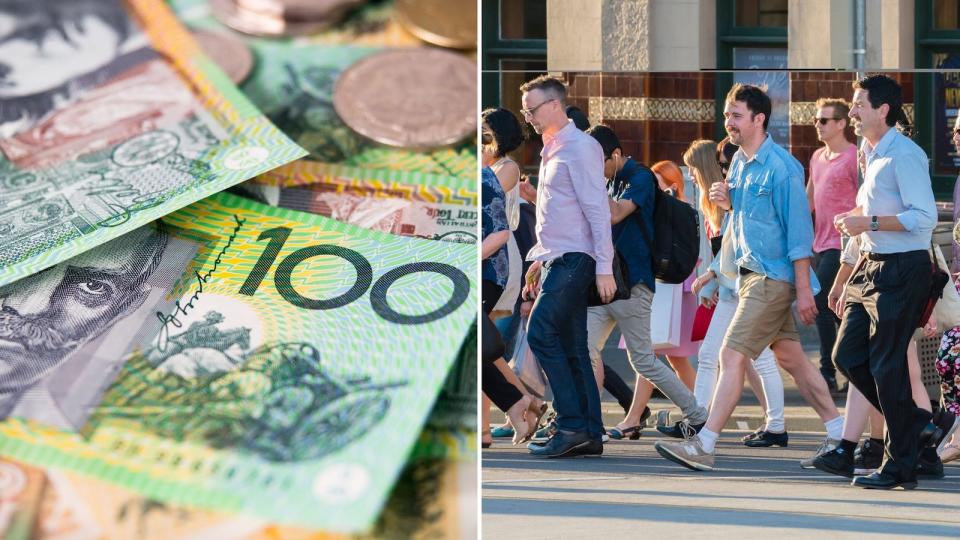 Compilation image of money and people walking across the street to represent health insurance changes