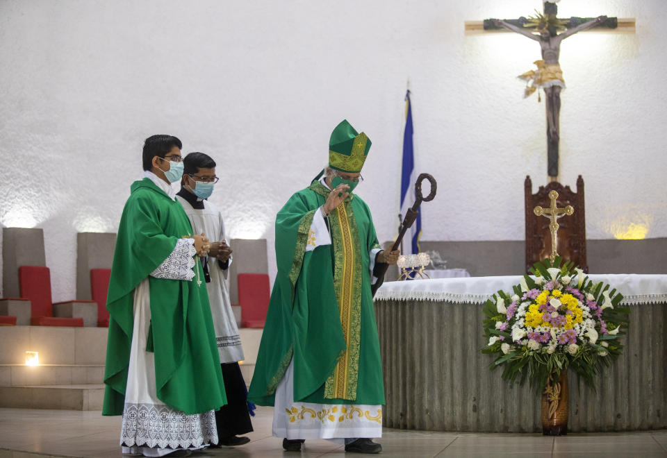 Roman Catholic Cardinal Leopoldo Brenes presides over Sunday's mass at the Metropolitan Cathedral in Managua, Nicaragua, Sunday, Feb. 12, 2023. Pope Francis expressed sadness and worry at the news that Bishop Roland Alvarez, an outspoken critic of the Nicaraguan government, had been sentenced to 26 years in prison. (AP Photo/Inti Ocon)