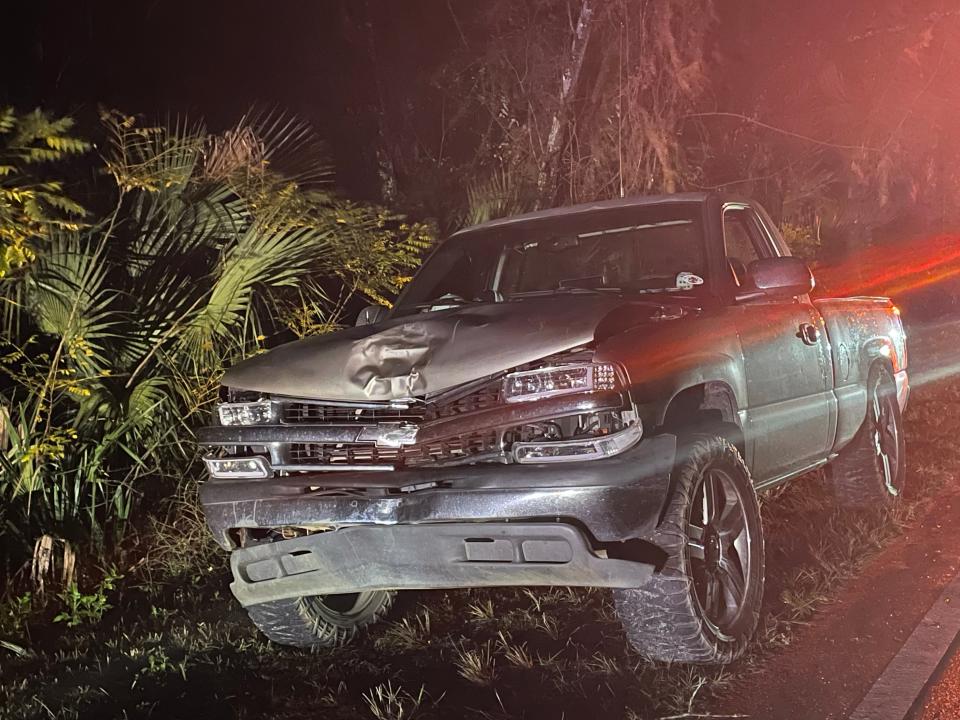 FHP investigators said the driver of this Chevy pickup truck struck and killed a pedestrian who was walking on County Road 315 early Saturday.