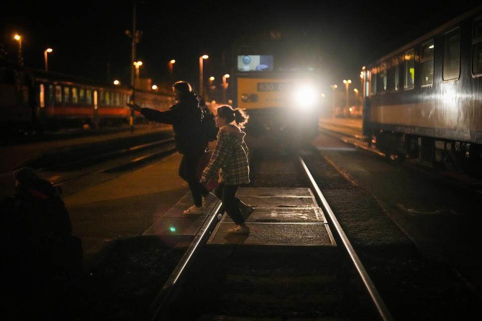 Refugees arrive at the Hungarian border town of Zahony on a train that has come from Ukraine on March 3, 2022, in Zahony, Hungary.