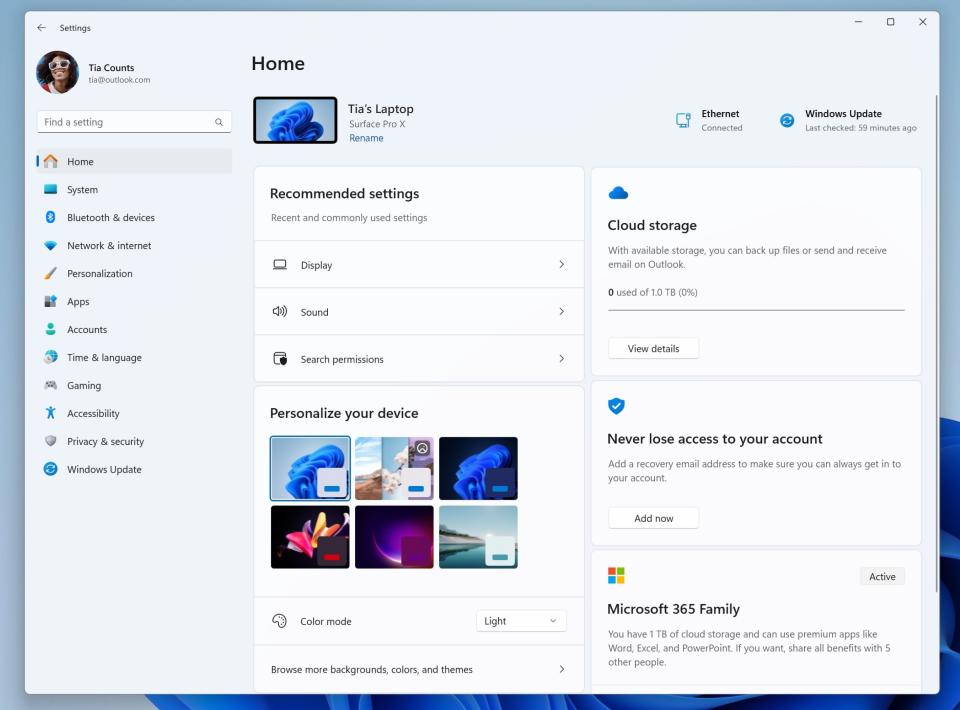 New Windows 11 Settings homepage in testing