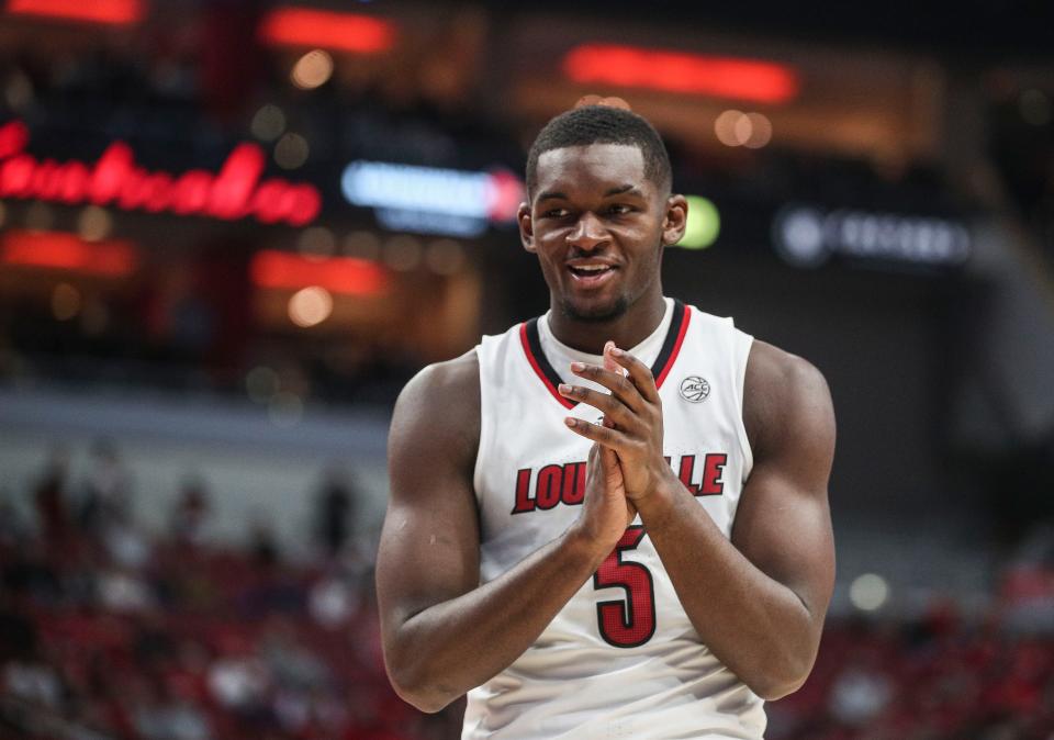 Louisville's Brandon Huntley-Hatfield smiles during the Cards game against Syracuse Jan. 3, 2023. He had eight rebounds with six points and two assists, two blocks and a steal. He also had four tournovers.