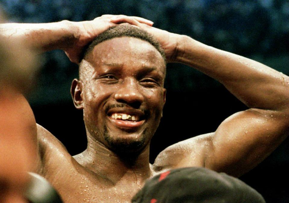 WBC Welterweight champion Pernell Whitaker grimaces 10 September 1993 as he listens to the judges' decision following his title fight with Mexican Super Lightweight champion Julio Cesar Chavez in San Antonio, TX.  Whitaker retained his title after the bout was determined a draw. (Photo by BOB DAEMMRICH / AFP)        (Photo credit should read BOB DAEMMRICH/AFP/Getty Images)