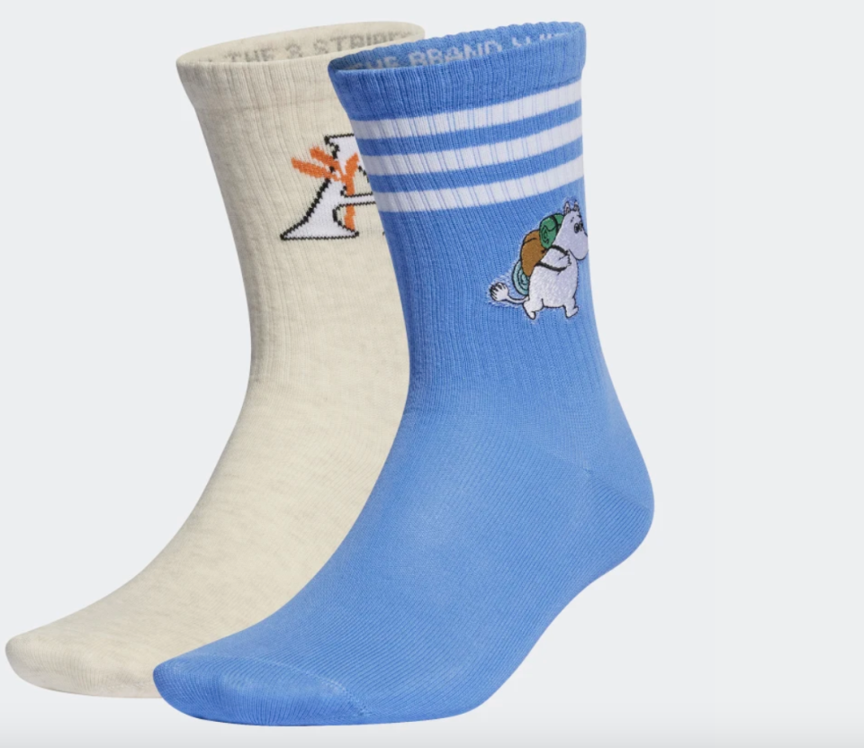 Adidas Originals X Moomin Crew Socks, 2 Pairs in beige and blue.