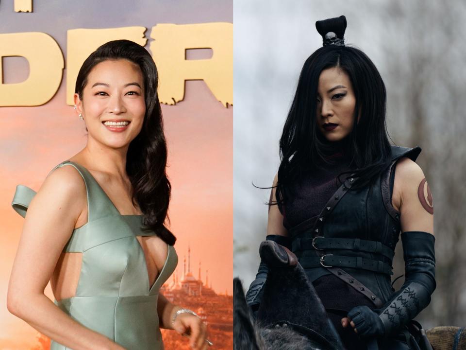 left: arden cho in a light green dress, smiling widely. her hair is worn loose to one side; right: cho as june, a menacing woman sitting on a saddle with a top knot, black clothing, and exposed shoulders