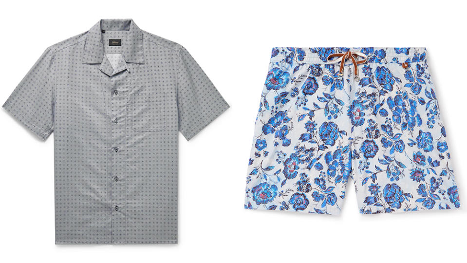 Brioni's Cuban Shirt (left) and Loro Piana Flower Ceremony Print Swim Shorts (right) featured in the drop.