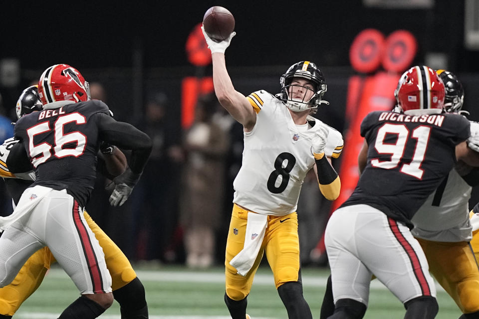 Pittsburgh Steelers quarterback Kenny Pickett (8) works in the pocket against the Atlanta Falcons during the first half of an NFL football game, Sunday, Dec. 4, 2022, in Atlanta. (AP Photo/Brynn Anderson)