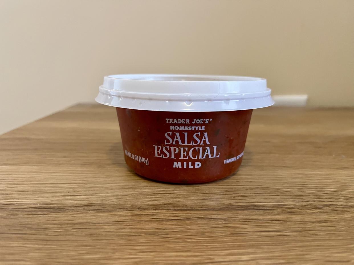 a tub of Mild Homestyle Salsa Especial from trader joes
