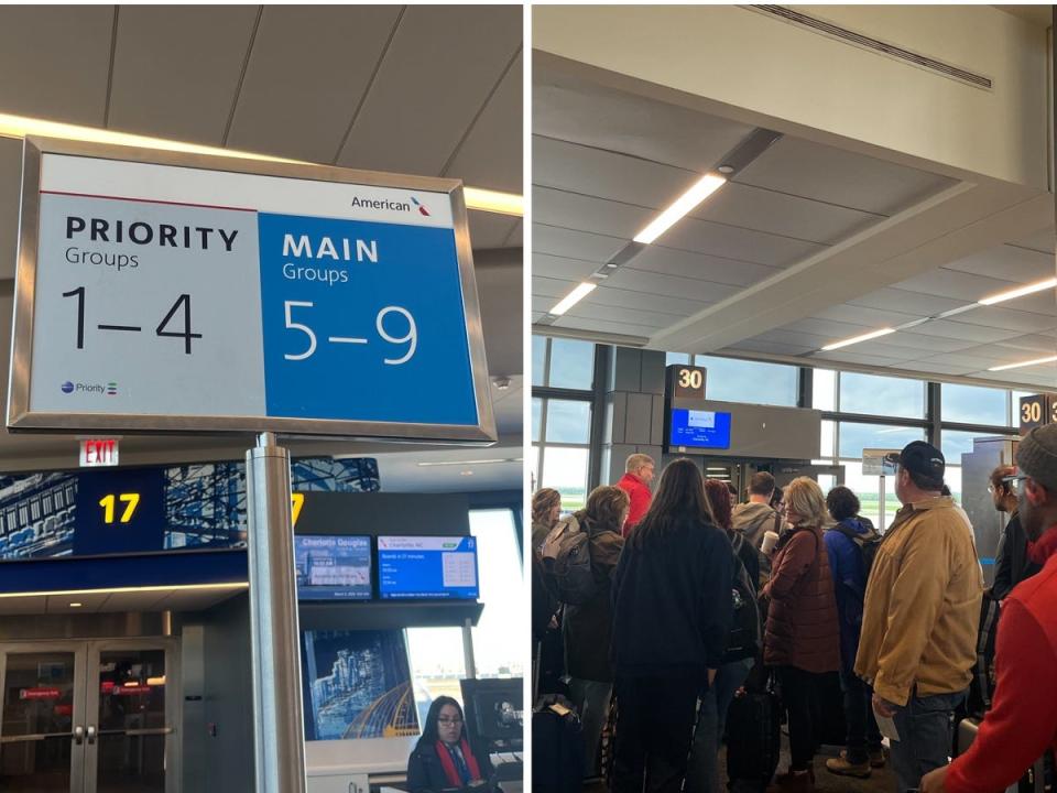 A side-by-side image showing an American Airlines boarding sign on the left, and a crowd of people waiting to board at gate 30 on the right.