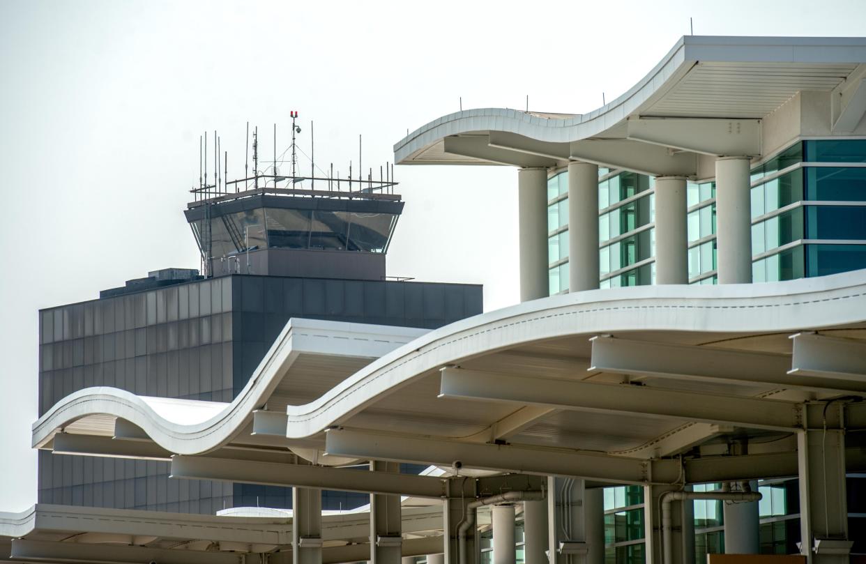 The air traffic control tower looms over the Gen. Wayne A. Downing Peoria International Airport in Peoria.