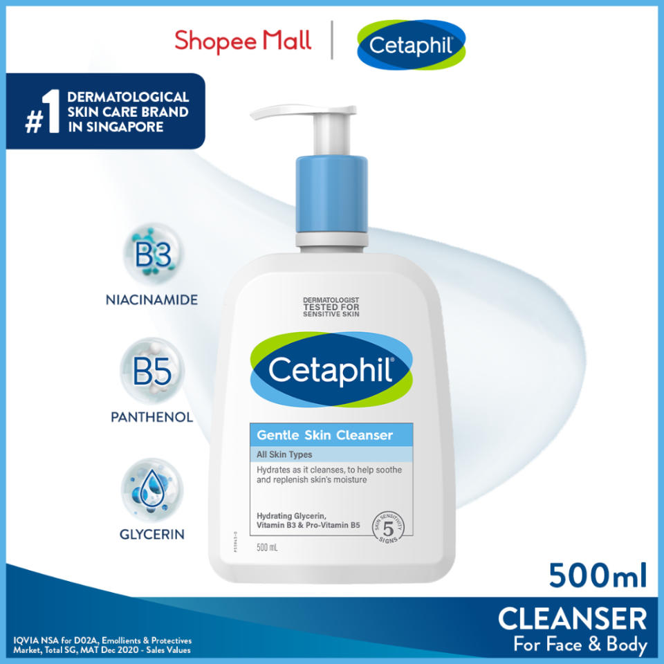 CETAPHIL Gentle Skin Cleanser (125ML, 250ML, 500ML) Hydrating Face & Body Wash for Sensitive, Dry Skin, Soap-Free. (Photo: Shopee SG)