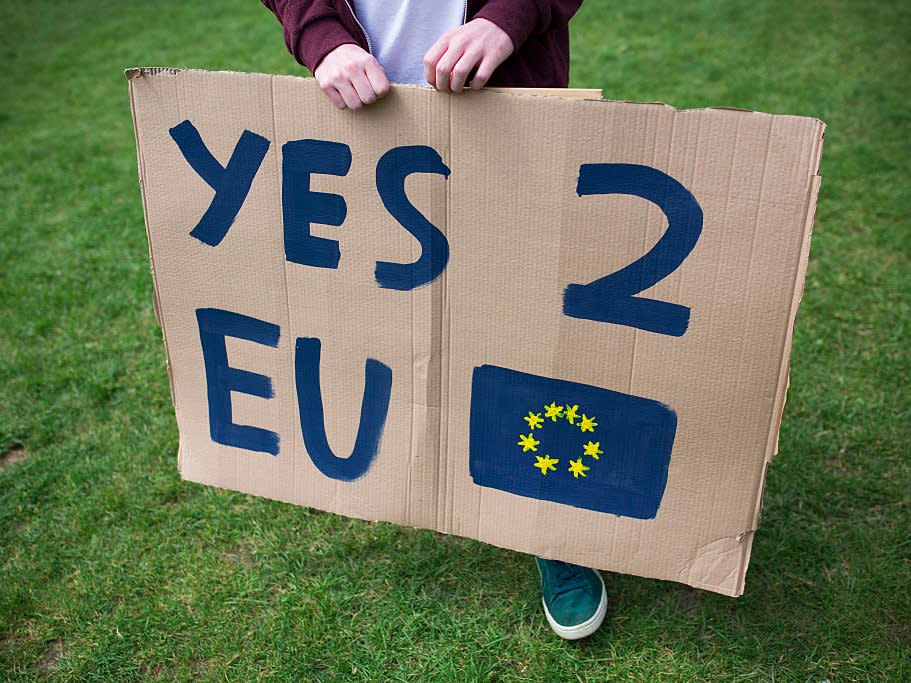 A small group of young people gather to protest on Parliament Square the day after the majority of the British public voted to leave the European Union on June 25, 2016 in London, England. The ramifications of the historic referendum yesterday that saw the United Kingdom vote to Leave the European Union are still being fully understood. The Labour leader, Jeremy Corbyn, who is under pressure from within his party to resign has blamed the 'Brexit' vote on 'powerlessness', 'austerity' and peoples fears over the issue of immigration. (Photo by )