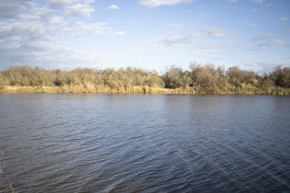 The Moulouya River is visible in Nador, Morocco, Friday, March 8, 2024. Where the river once flowed from the mountains into the Mediterranean, it now sits stagnant, allowing seawater to creep inland and turning water from a source of life to a deadly poison. (AP Photo/Mosa'ab Elshamy)