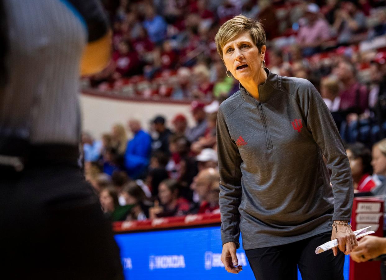 Indiana Head Coach Teri Moren questions an official during the second half of the Indiana versus Eastern Illinois women's basketball game at Simon Skjodt Assembly Hall on Thursday, Nov. 9, 2023.