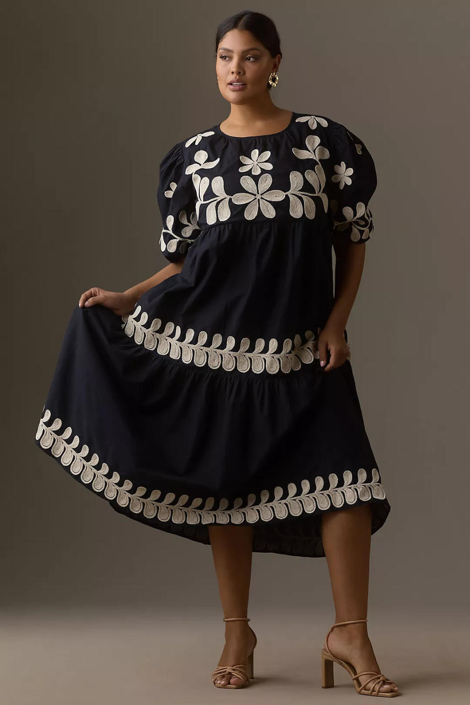 Embroidered Puff-Sleeve Midi Dress