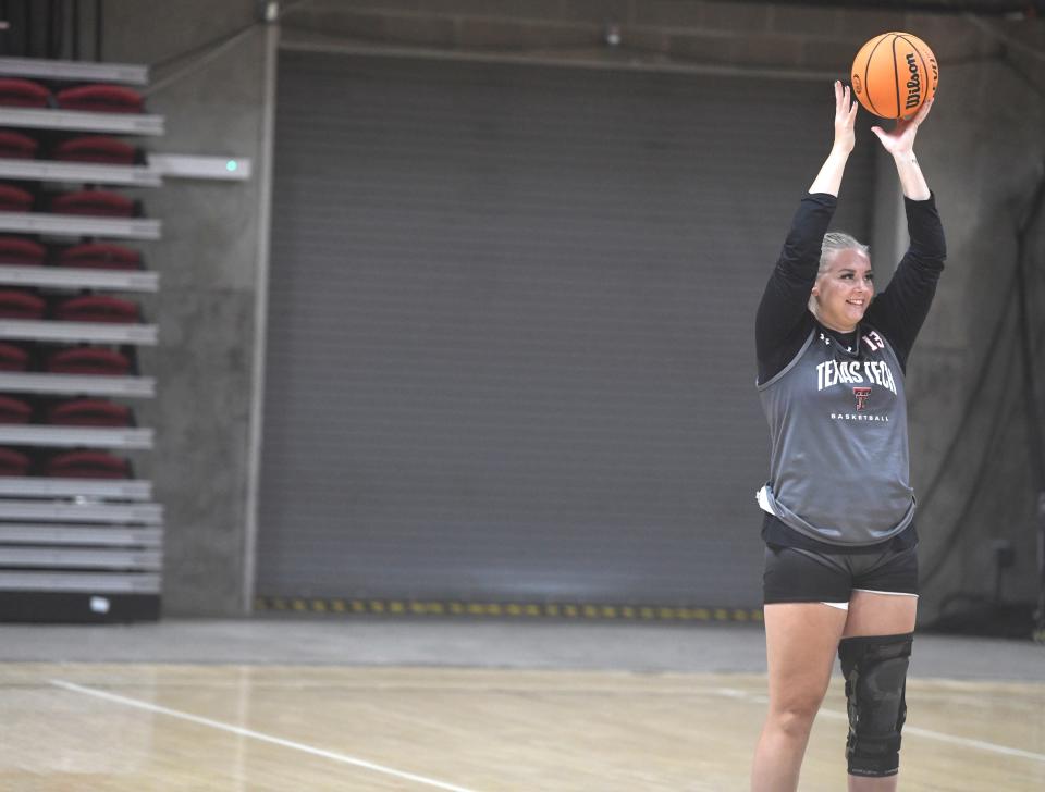 Texas Tech's Elina Arike warms up with a brace during the team's first practice, Wednesday, Sept. 27, 2023, at the United Supermarkets Arena.