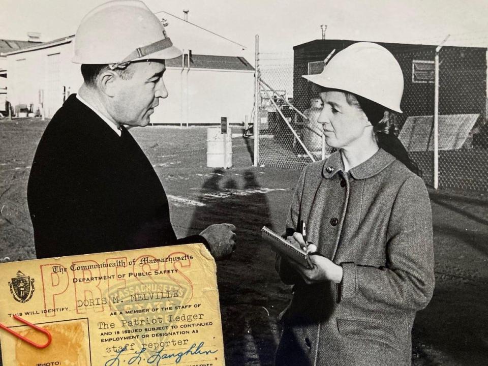 Patriot Ledger reporter Doris Johnson interviews an official at the former Pilgrim Station nuclear power plant in the 1970s.